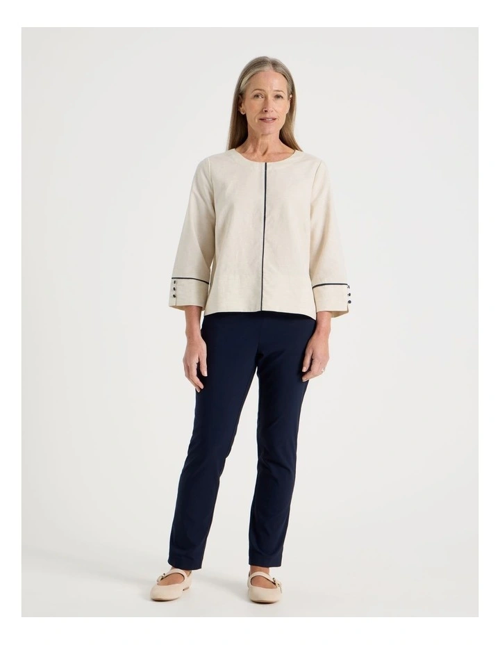 Spliced 3/4 Sleeve Top With Contrast Piping in Oatmeal image 3