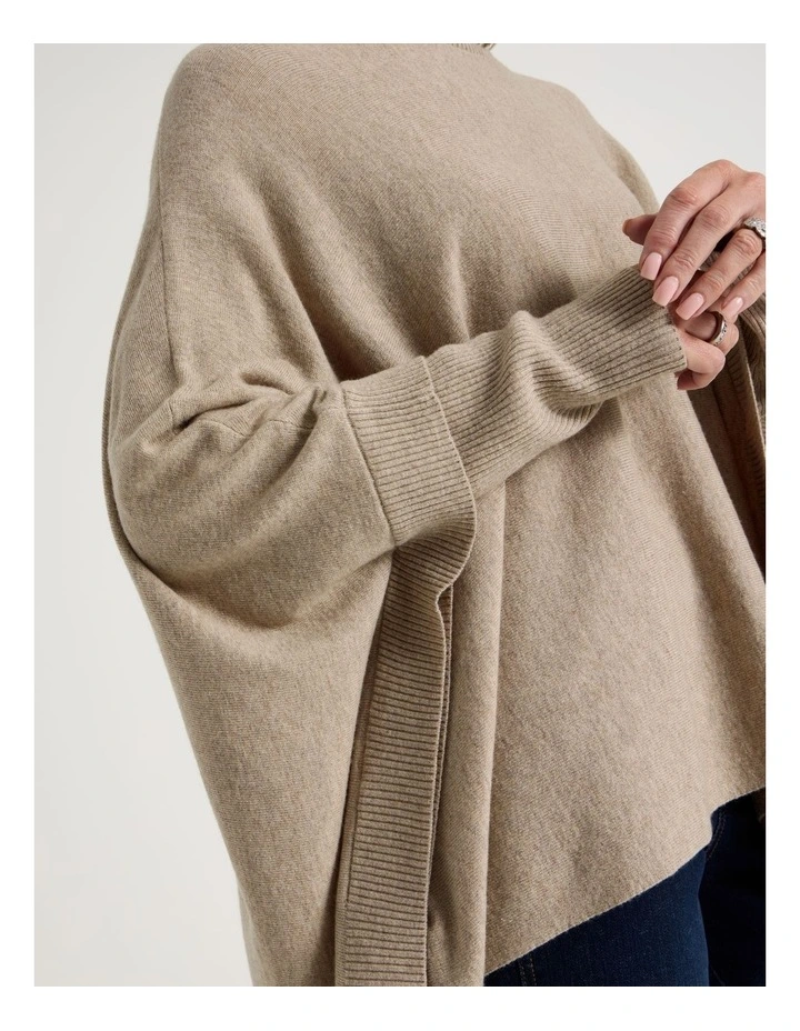 Crew Neck Poncho in Latte image 7