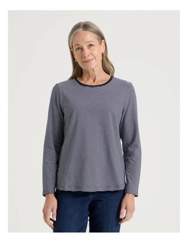Long Sleeve Wardrobe Staple Tee in Navy and Ivory Stripe image 1