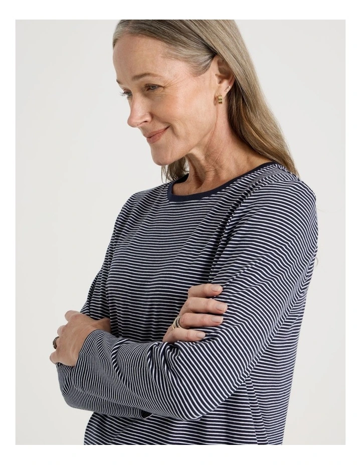 Long Sleeve Wardrobe Staple Tee in Navy and Ivory Stripe image 2