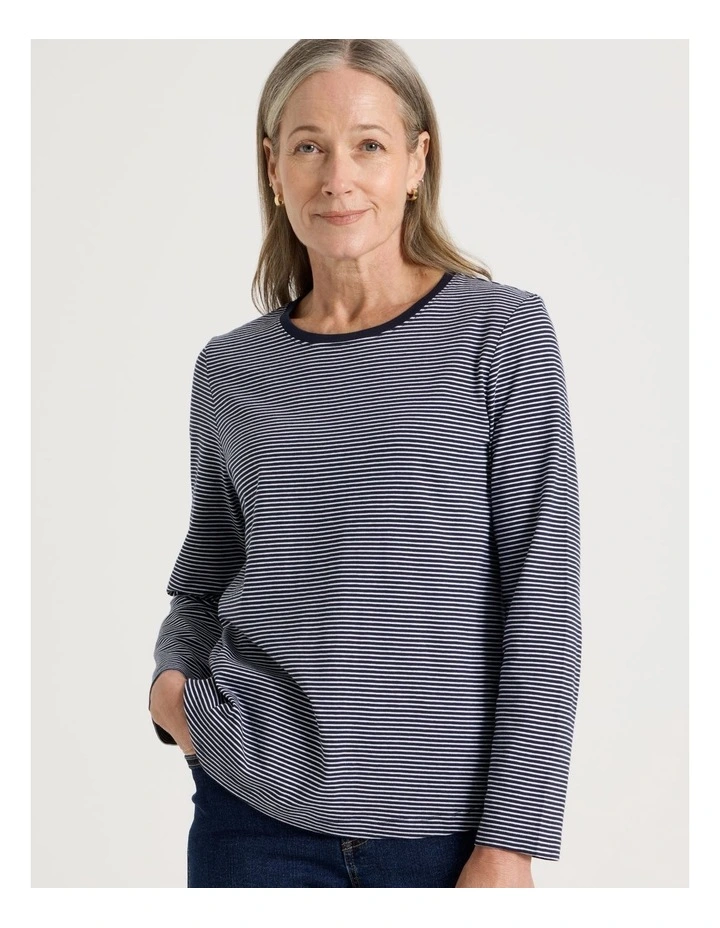 Long Sleeve Wardrobe Staple Tee in Navy and Ivory Stripe image 3