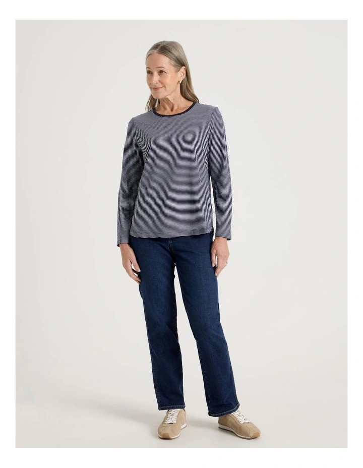 Long Sleeve Wardrobe Staple Tee in Navy and Ivory Stripe image 4