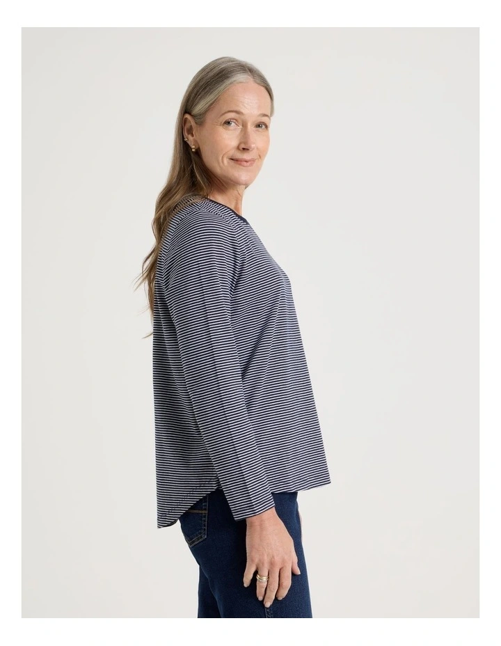 Long Sleeve Wardrobe Staple Tee in Navy and Ivory Stripe image 5