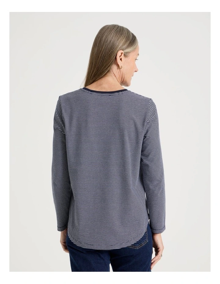 Long Sleeve Wardrobe Staple Tee in Navy and Ivory Stripe image 6