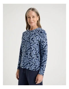 Long Sleeve Soft Touch Tee With Crew Neck in Blue Buds Print