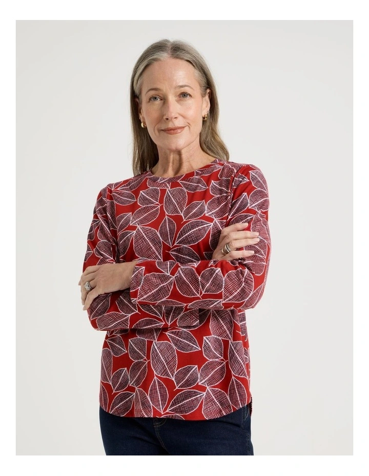 Long Sleeve Wardrobe Staple Tee in Red With Navy Leaf Print image 1