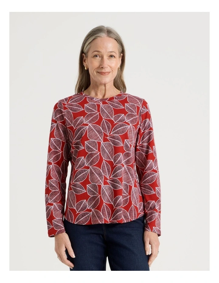 Long Sleeve Wardrobe Staple Tee in Red With Navy Leaf Print image 3