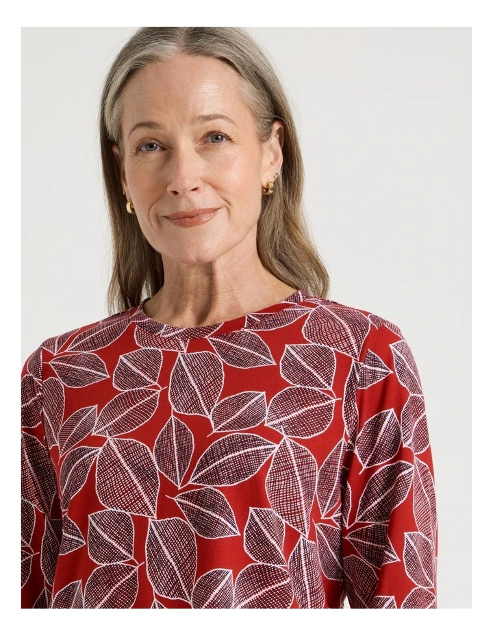 Long Sleeve Wardrobe Staple Tee in Red With Navy Leaf Print image 4