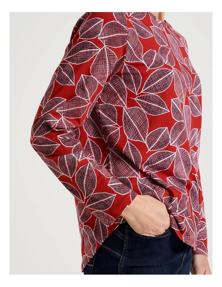 Long Sleeve Wardrobe Staple Tee in Red With Navy Leaf Print image 5