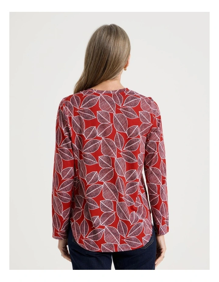 Long Sleeve Wardrobe Staple Tee in Red With Navy Leaf Print image 6