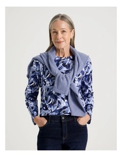 Long Sleeve Wardrobe Staple Tee in Blues/Navy Leaf Print