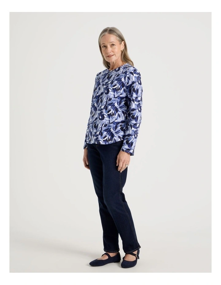 Long Sleeve Wardrobe Staple Tee in Blues/Navy Leaf Print image 2