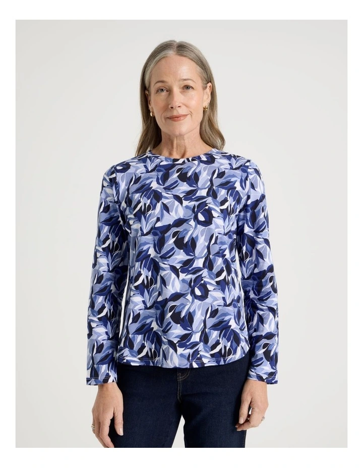 Long Sleeve Wardrobe Staple Tee in Blues/Navy Leaf Print image 4