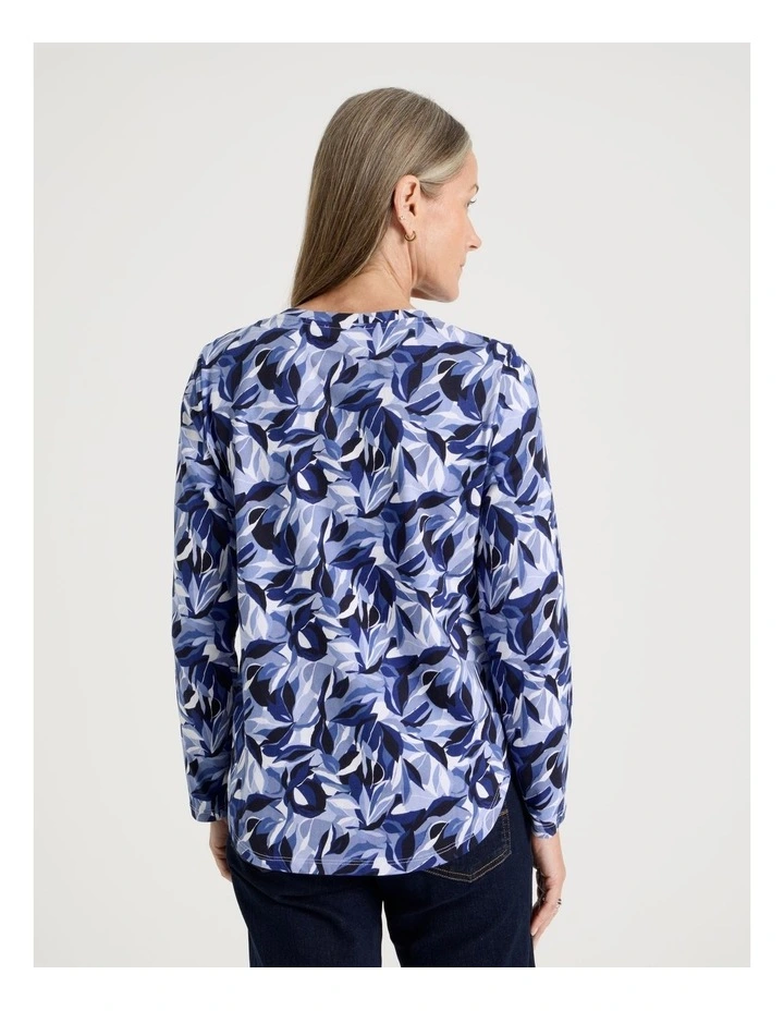 Long Sleeve Wardrobe Staple Tee in Blues/Navy Leaf Print image 5