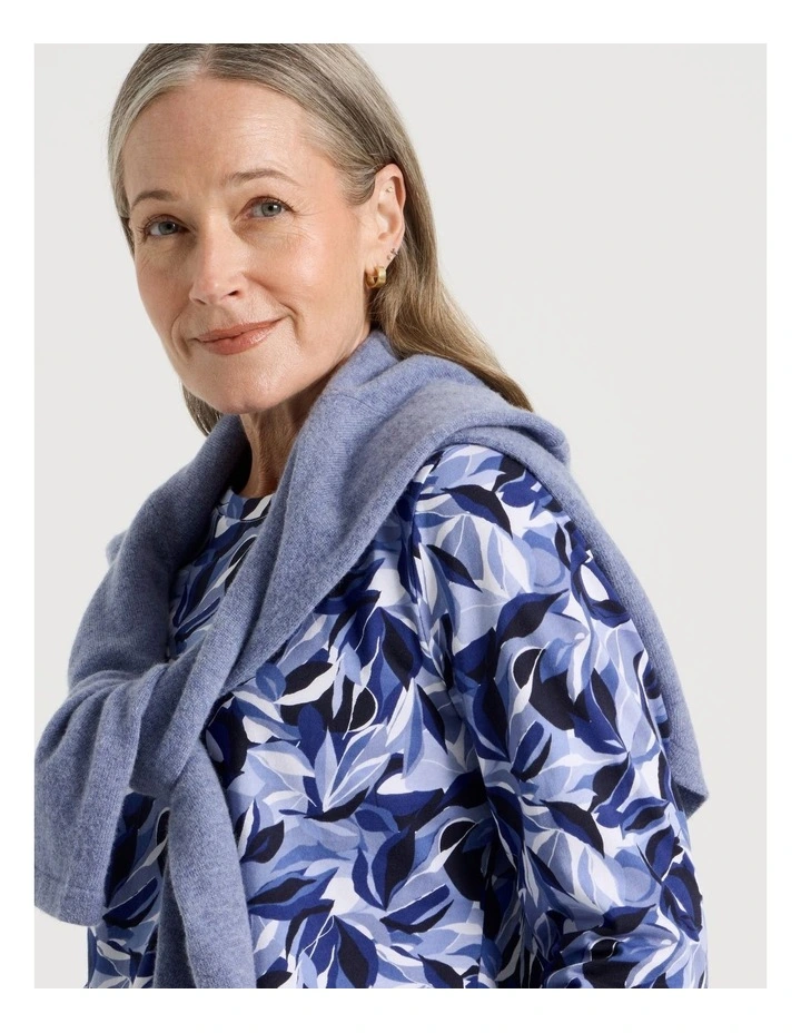 Long Sleeve Wardrobe Staple Tee in Blues/Navy Leaf Print image 6