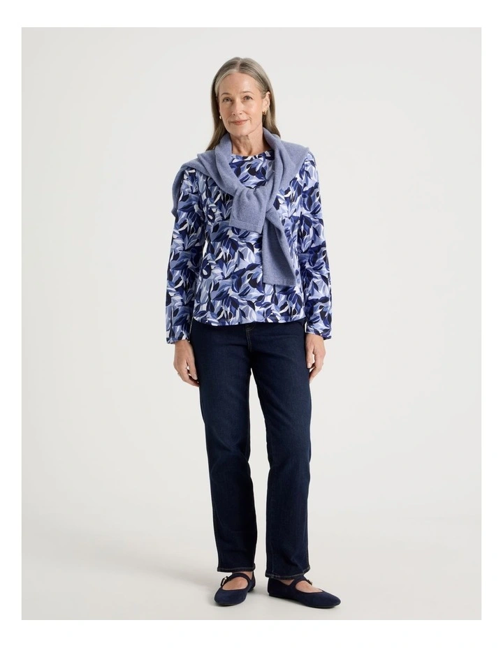 Long Sleeve Wardrobe Staple Tee in Blues/Navy Leaf Print image 7