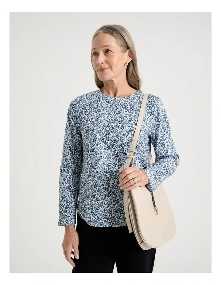 Long Sleeve Wardrobe Staple Tee in Smoke Blue Ditsy Floral Print image 1