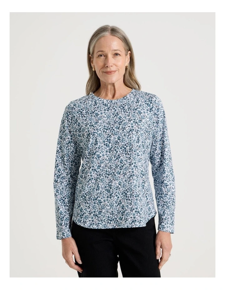 Long Sleeve Wardrobe Staple Tee in Smoke Blue Ditsy Floral Print image 3