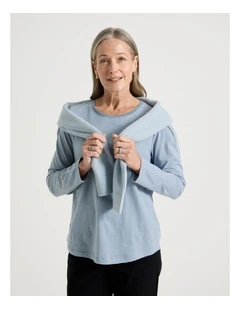 Long Sleeve Wardrobe Staple Tee in Smoke Blue and Ivory Stripe