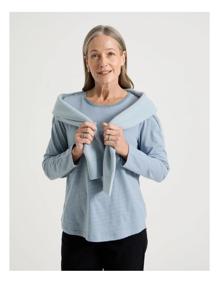 Long Sleeve Wardrobe Staple Tee in Smoke Blue and Ivory Stripe image 1
