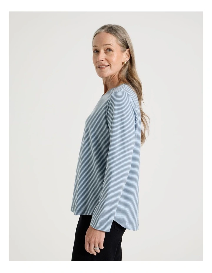 Long Sleeve Wardrobe Staple Tee in Smoke Blue and Ivory Stripe image 2