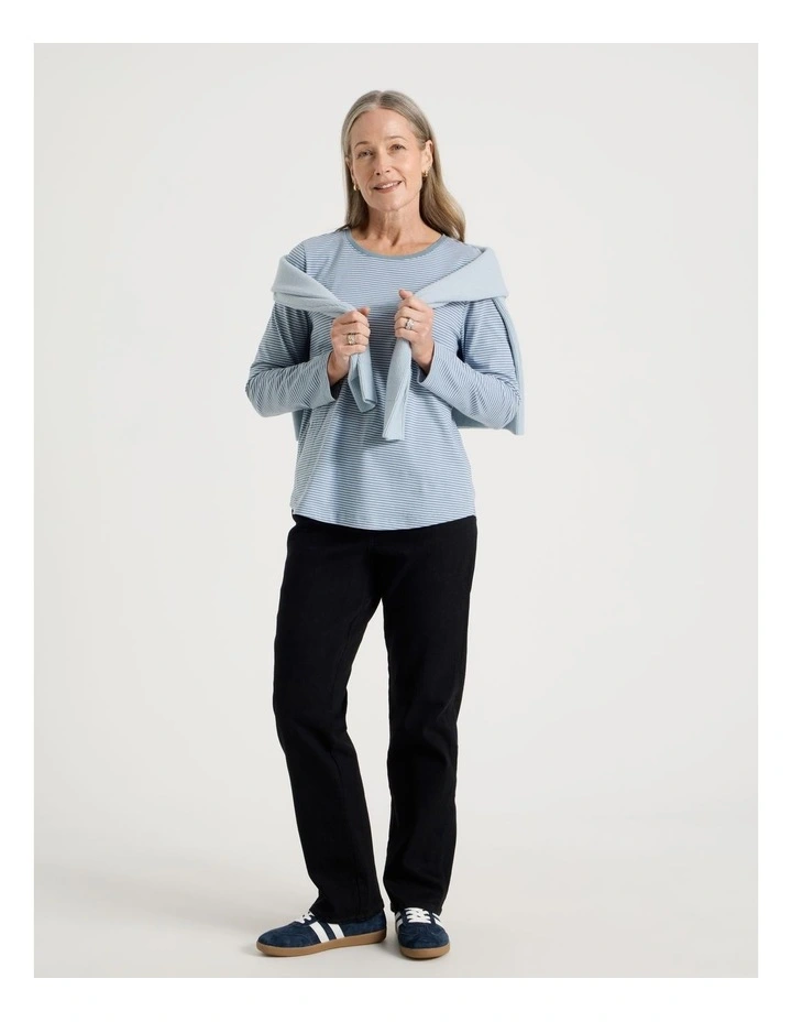 Long Sleeve Wardrobe Staple Tee in Smoke Blue and Ivory Stripe image 3