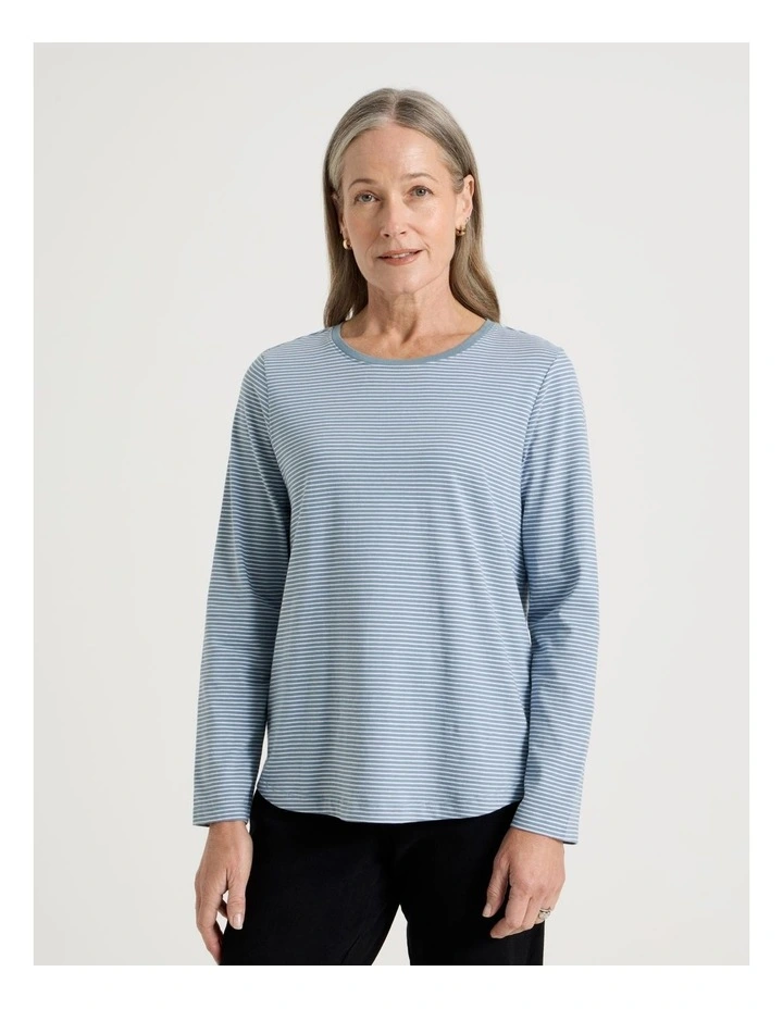 Long Sleeve Wardrobe Staple Tee in Smoke Blue and Ivory Stripe image 4