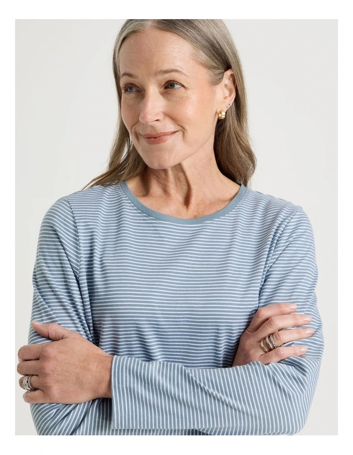 Long Sleeve Wardrobe Staple Tee in Smoke Blue and Ivory Stripe image 5
