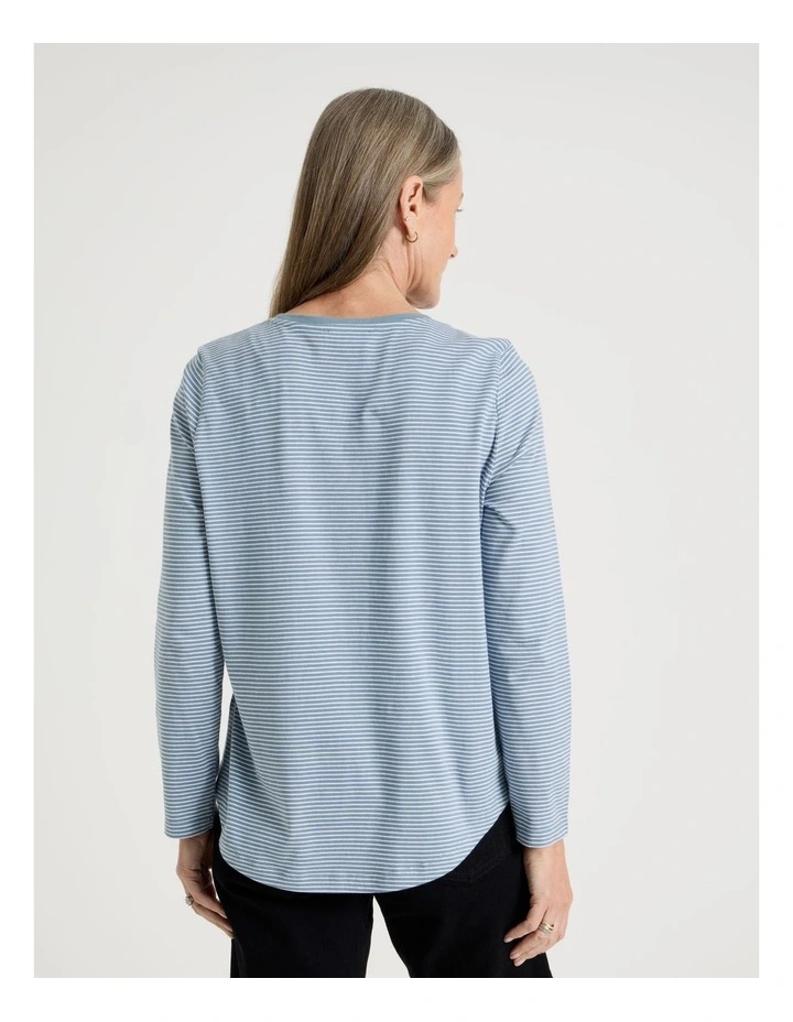 Long Sleeve Wardrobe Staple Tee in Smoke Blue and Ivory Stripe image 6