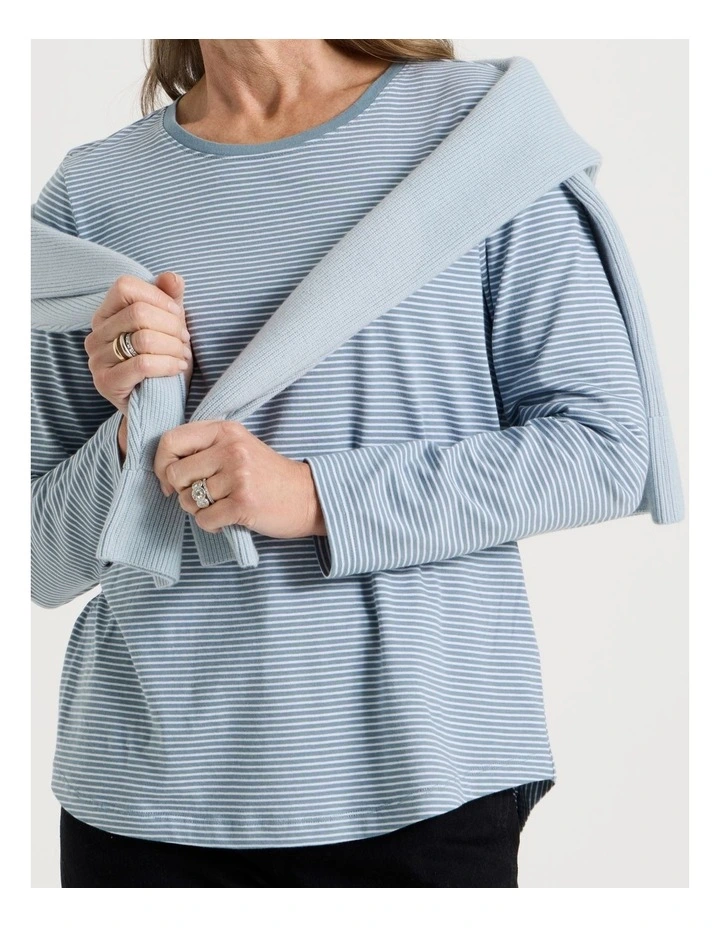 Long Sleeve Wardrobe Staple Tee in Smoke Blue and Ivory Stripe image 7