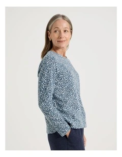 Long Sleeve Soft Touch Tee With Crew Neck in Teal Abstract Spot