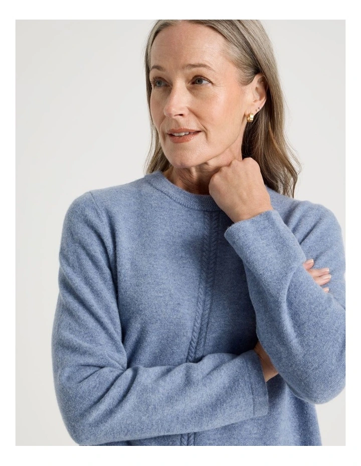 Cable Front Jumper With Plaited Neck Band in Denim Blue image 2