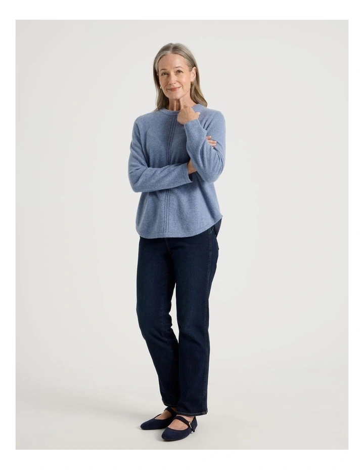 Cable Front Jumper With Plaited Neck Band in Denim Blue image 3