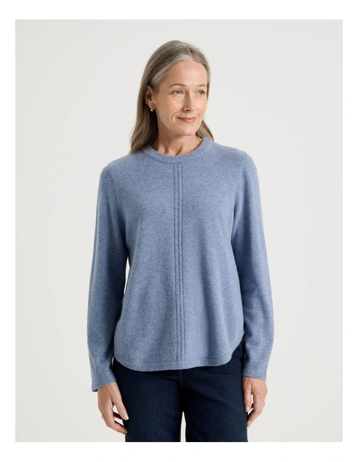 Cable Front Jumper With Plaited Neck Band in Denim Blue image 5