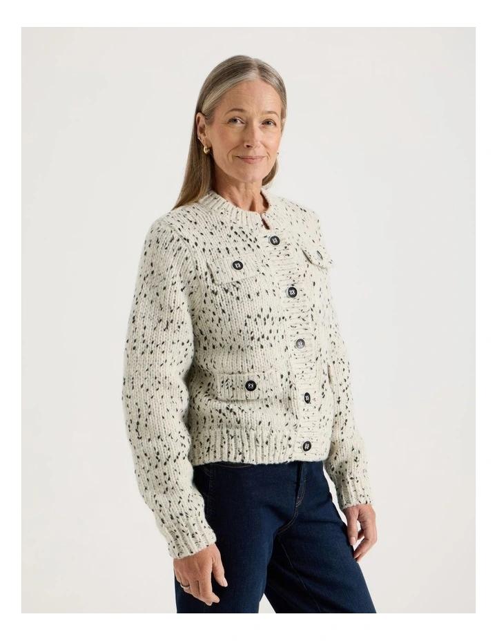 Chunky Cardigan With Pocket Flaps in Ivory With Black Flecks image 1