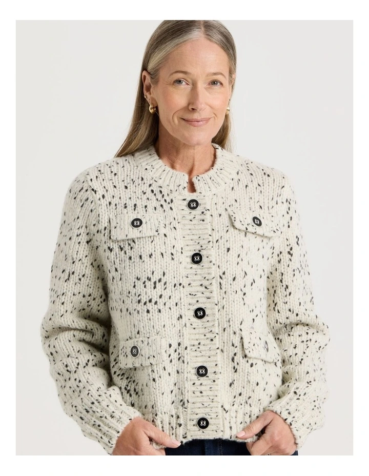 Chunky Cardigan With Pocket Flaps in Ivory With Black Flecks image 3