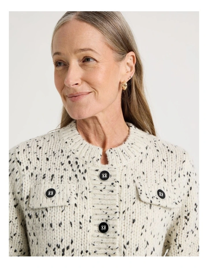 Chunky Cardigan With Pocket Flaps in Ivory With Black Flecks image 4