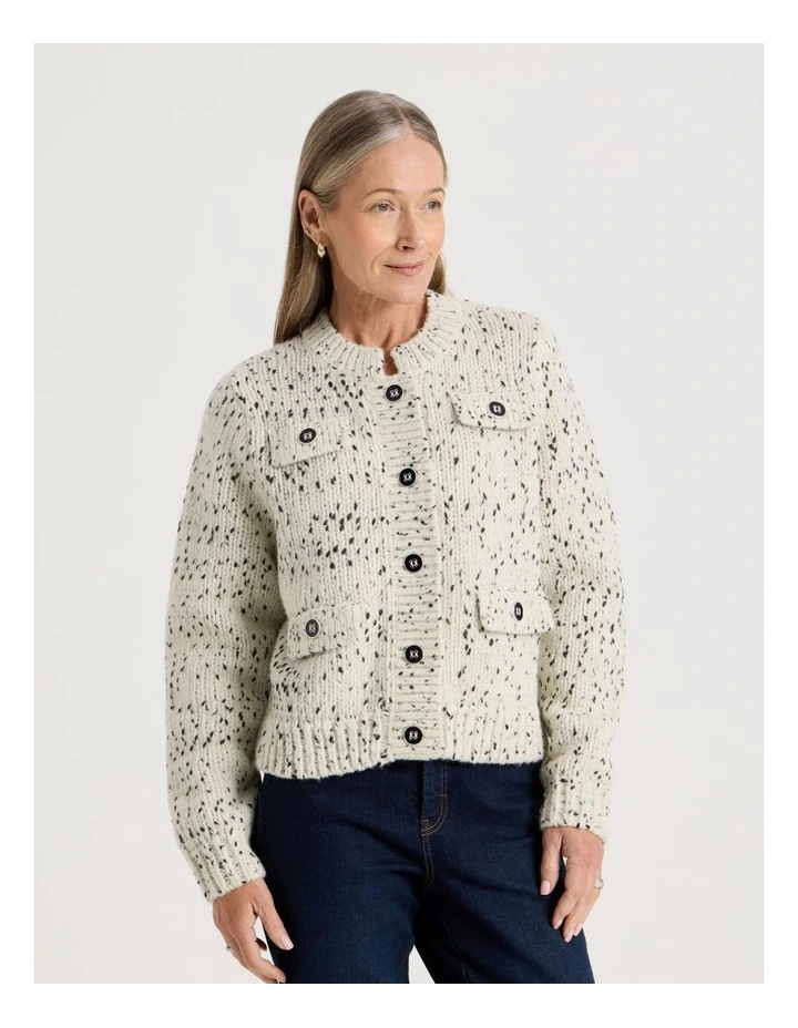 Chunky Cardigan With Pocket Flaps in Ivory With Black Flecks image 5