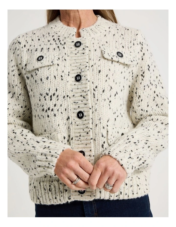 Chunky Cardigan With Pocket Flaps in Ivory With Black Flecks image 7