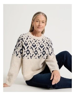 Crew Neck Fairisle Jumper in Navy and Oatmeal