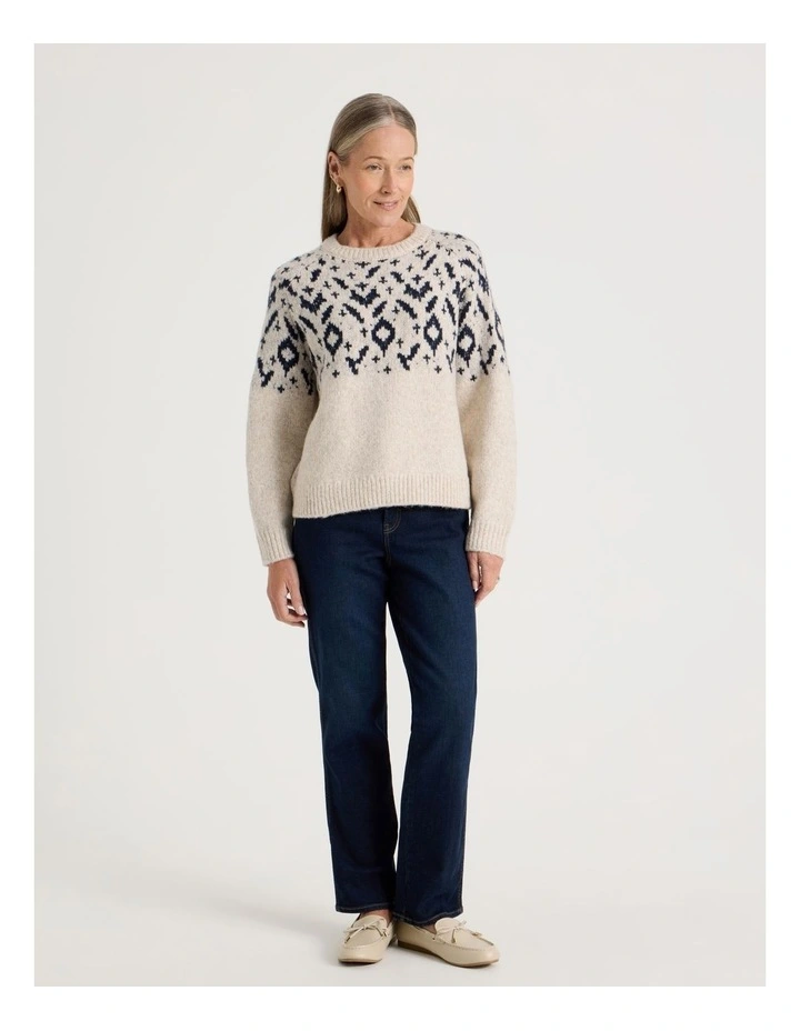 Crew Neck Fairisle Jumper in Navy and Oatmeal image 2