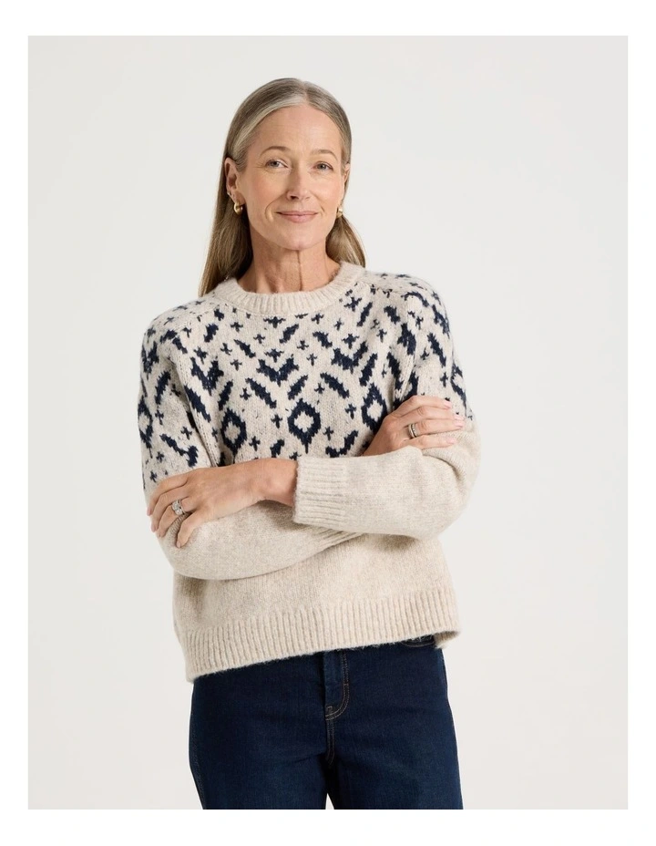 Crew Neck Fairisle Jumper in Navy and Oatmeal image 3