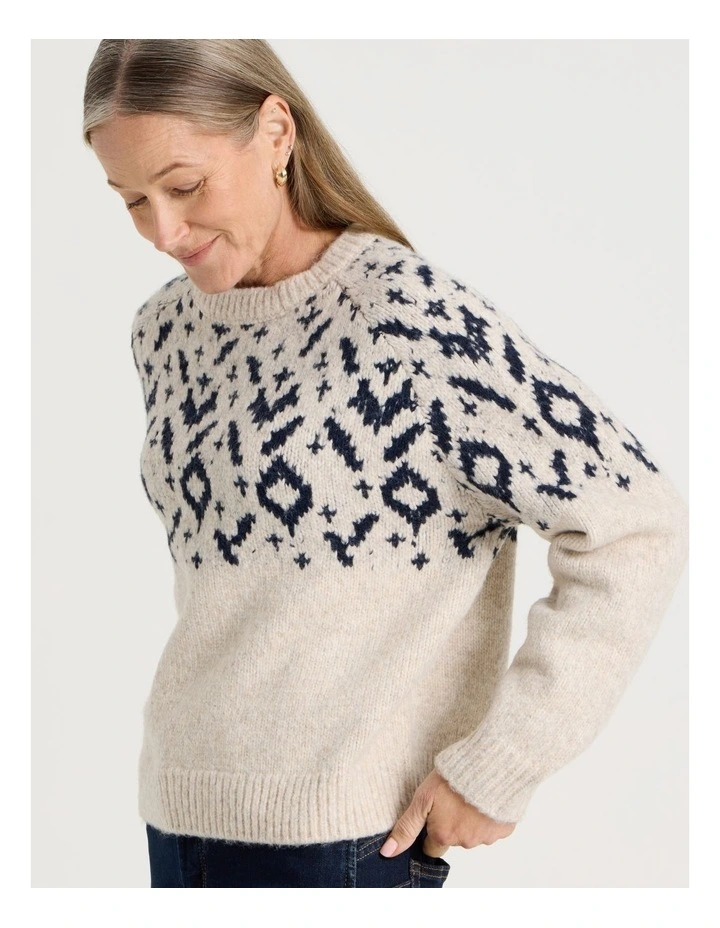 Crew Neck Fairisle Jumper in Navy and Oatmeal image 4