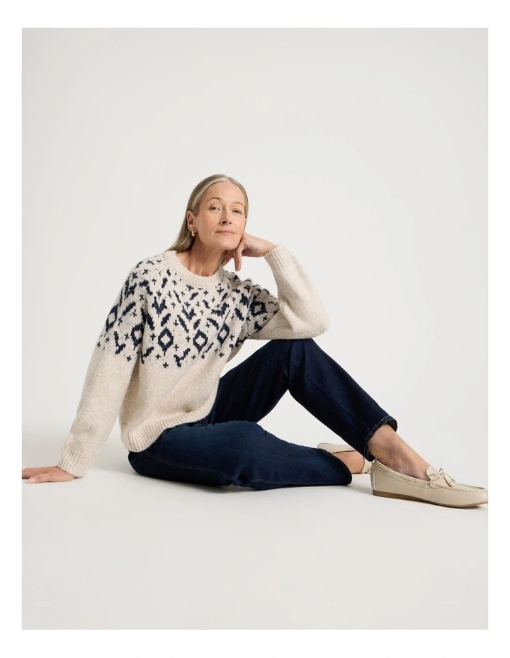 Crew Neck Fairisle Jumper in Navy and Oatmeal image 5