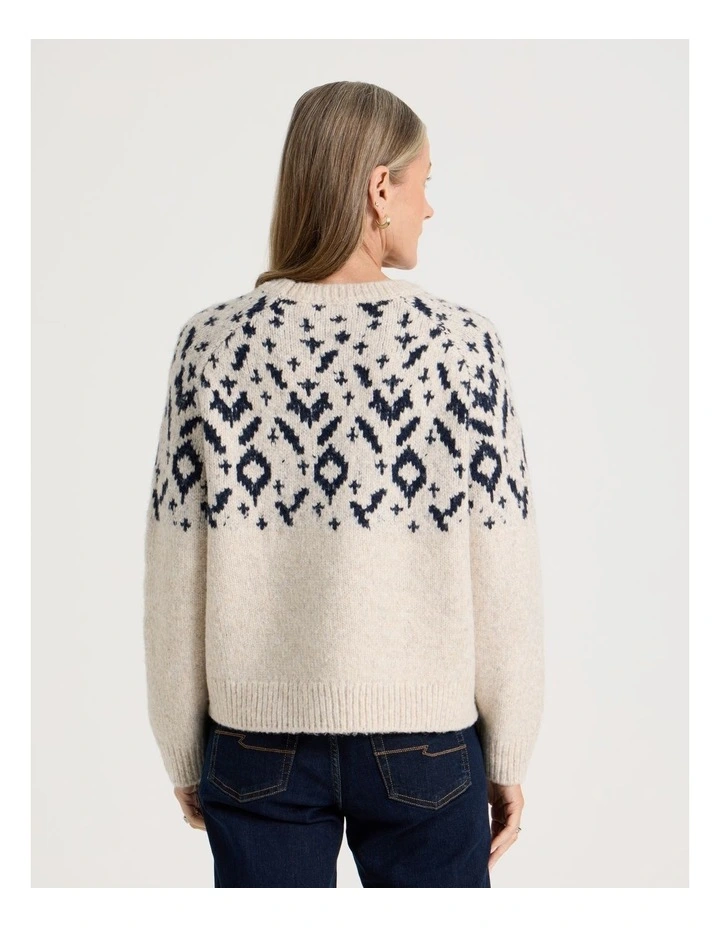 Crew Neck Fairisle Jumper in Navy and Oatmeal image 6