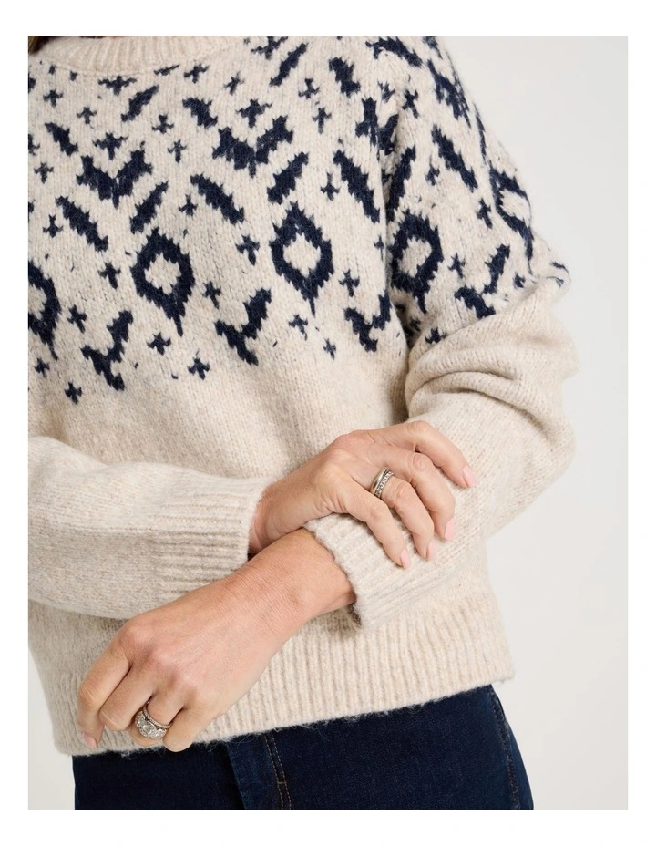 Crew Neck Fairisle Jumper in Navy and Oatmeal image 7