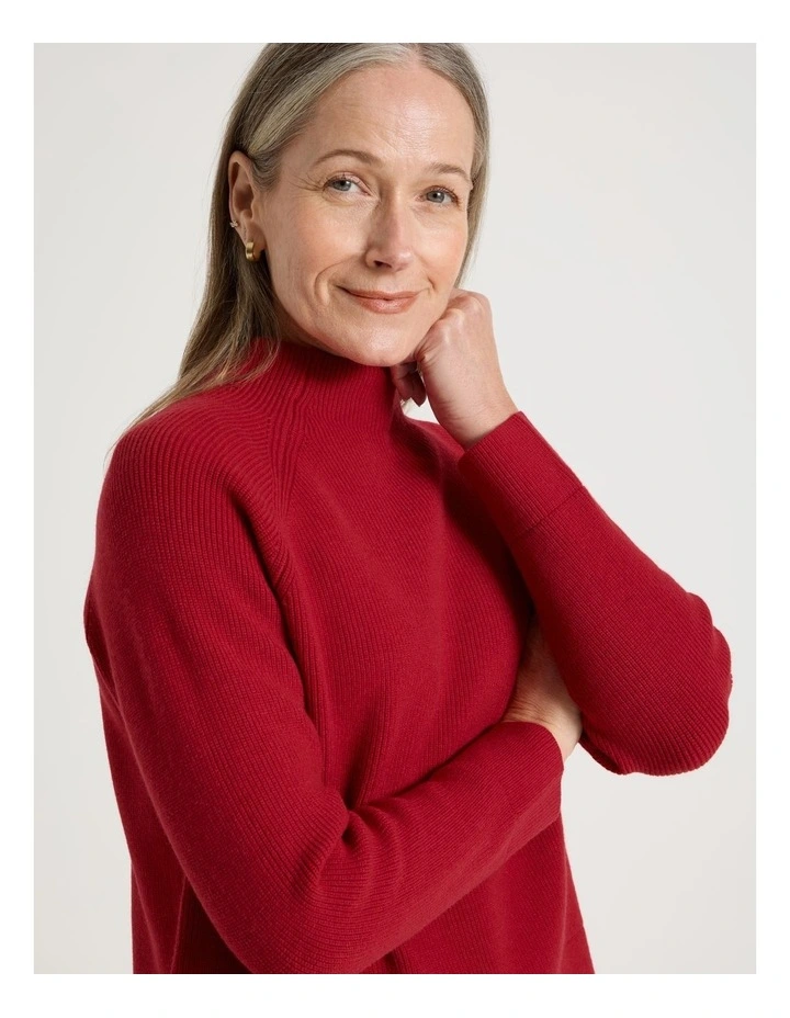 Stand Collar Raglan Sleeve Jumper in Red image 4