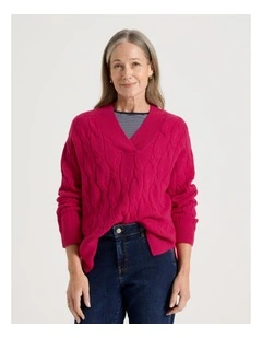 Petites V Neck Cable Jumper in Hot Pink