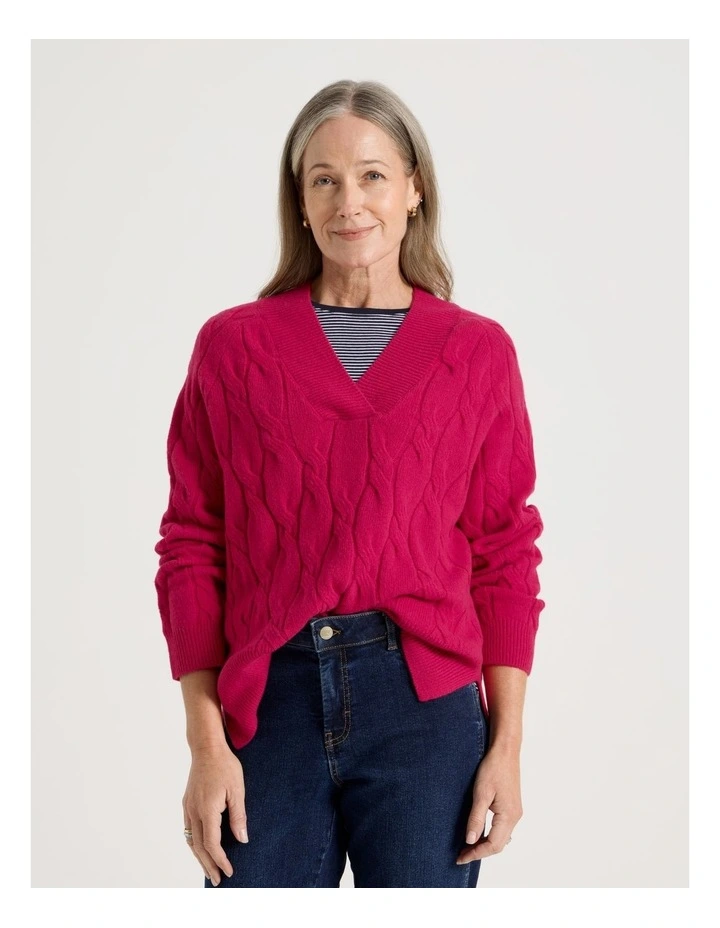 Petites V Neck Cable Jumper in Hot Pink image 1