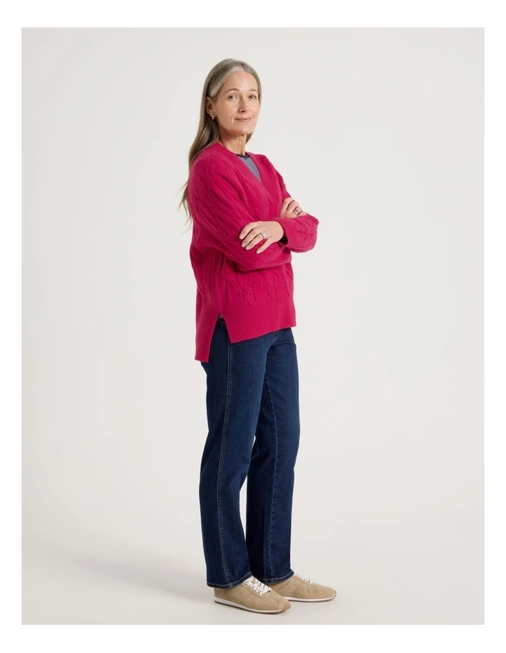 Petites V Neck Cable Jumper in Hot Pink image 2
